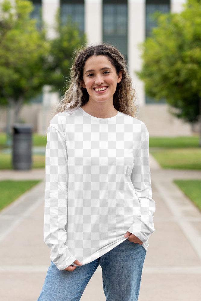 Long sleeve top png mockup, transparent jumper on a college student