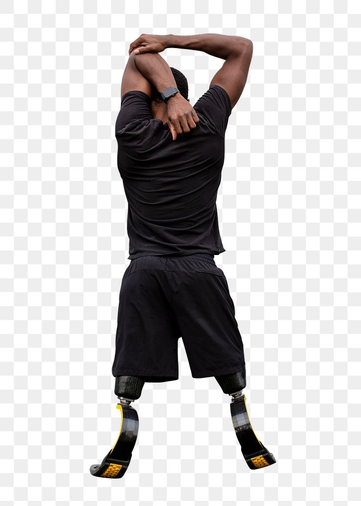 Paralympic athlete png with prosthetic legs warming up by stretching before exercising
