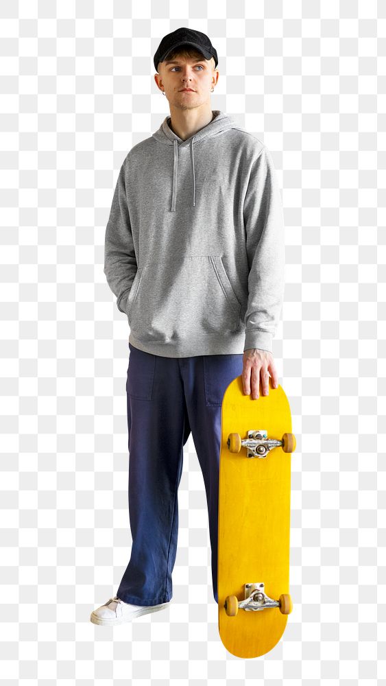 Skater png, man with yellow skateboard, isolated object