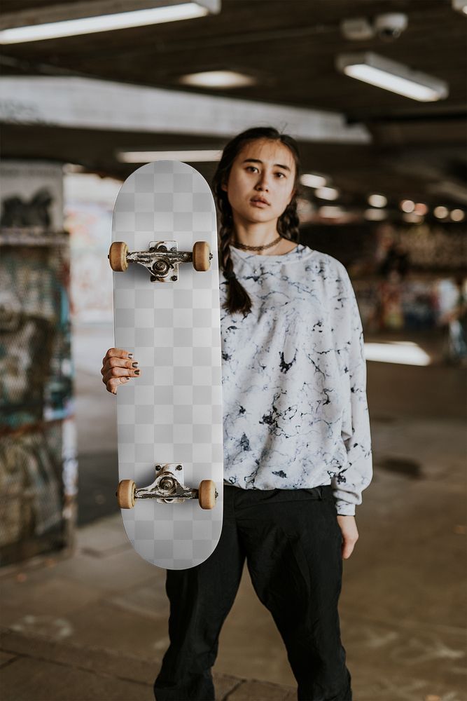PNG skateboard mockup, customizable sport product, held by woman
