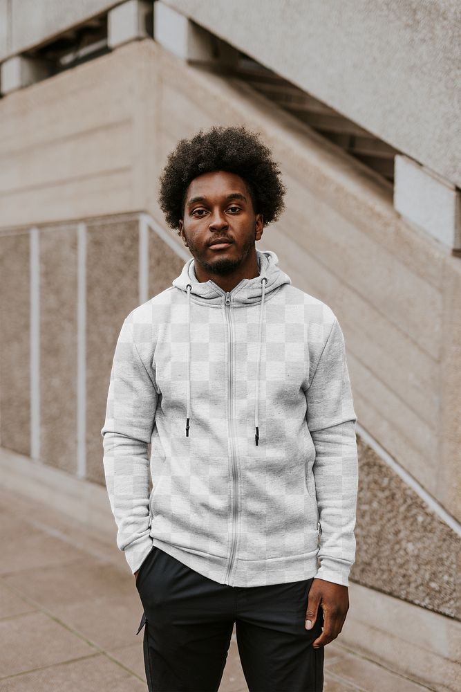 PNG zip up hoodie mockup transparent, men's  fashion apparel design