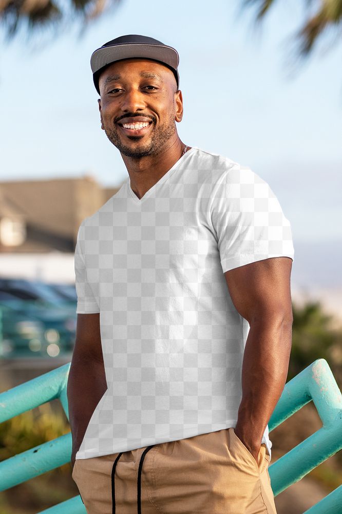 Men's shirt mockup png, African American man enjoying Venice beach