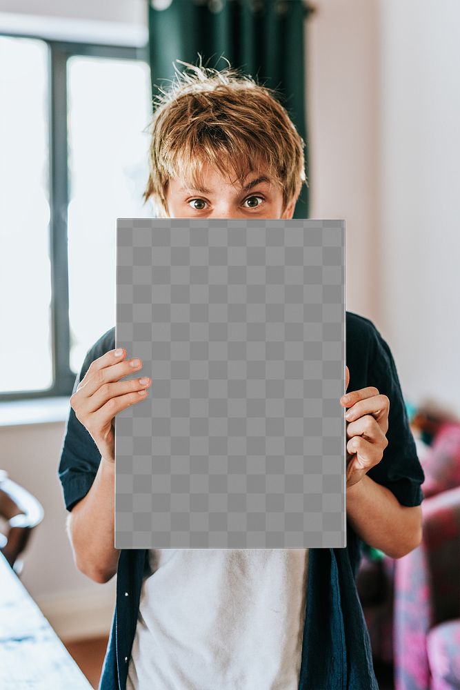 Sign png mockup, held by a boy, blank design space