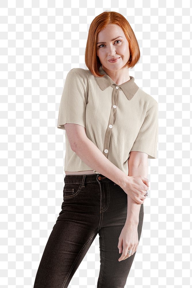Woman png, wearing beige knitted shirt with jeans
