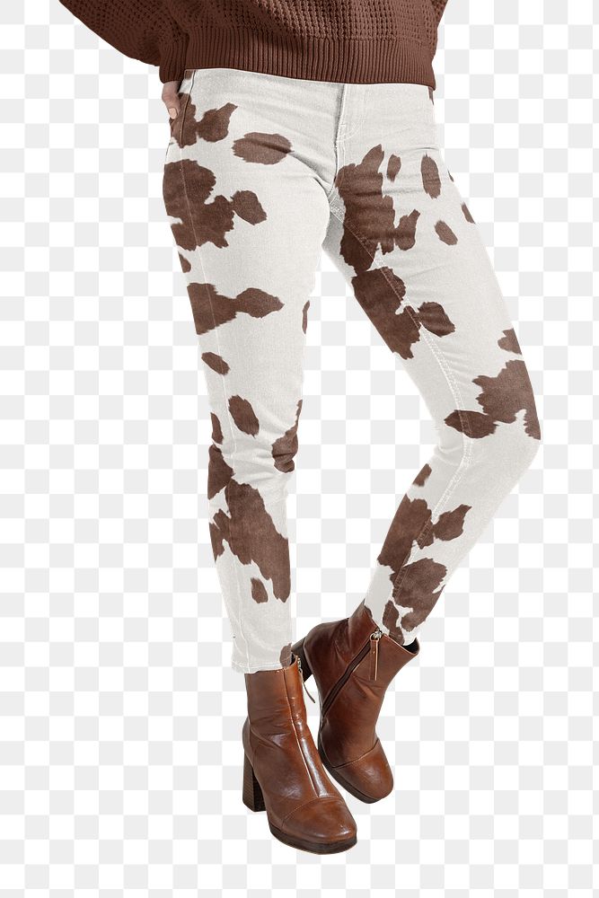 PNG woman in brown cow print jeans element, fall fashion