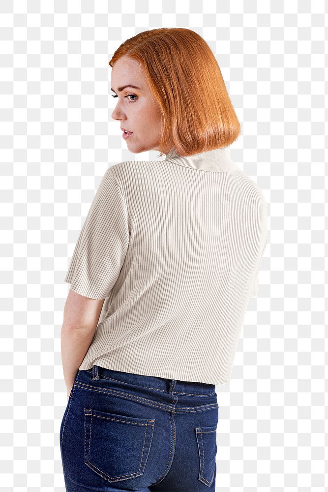 Woman png rear view, wearing beige knitted shirt with jeans