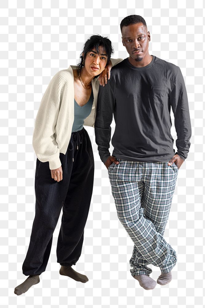 PNG diverse couple in monotone sleepwear