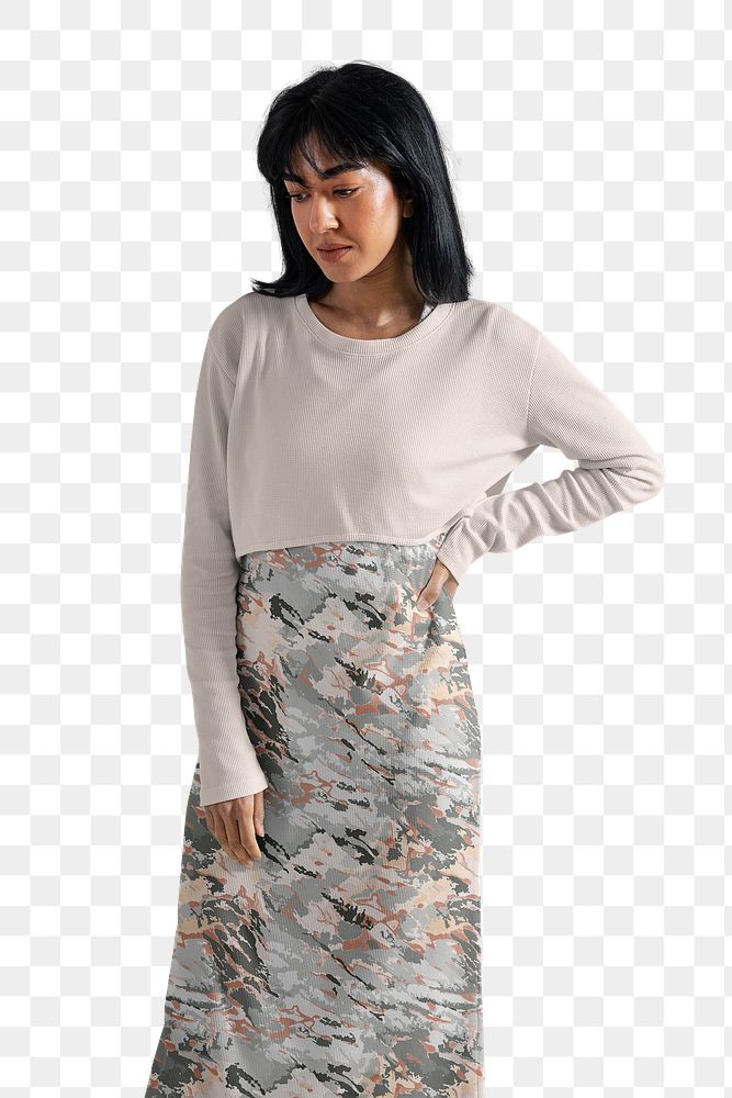 Woman png, wearing white cropped top with patterned dress