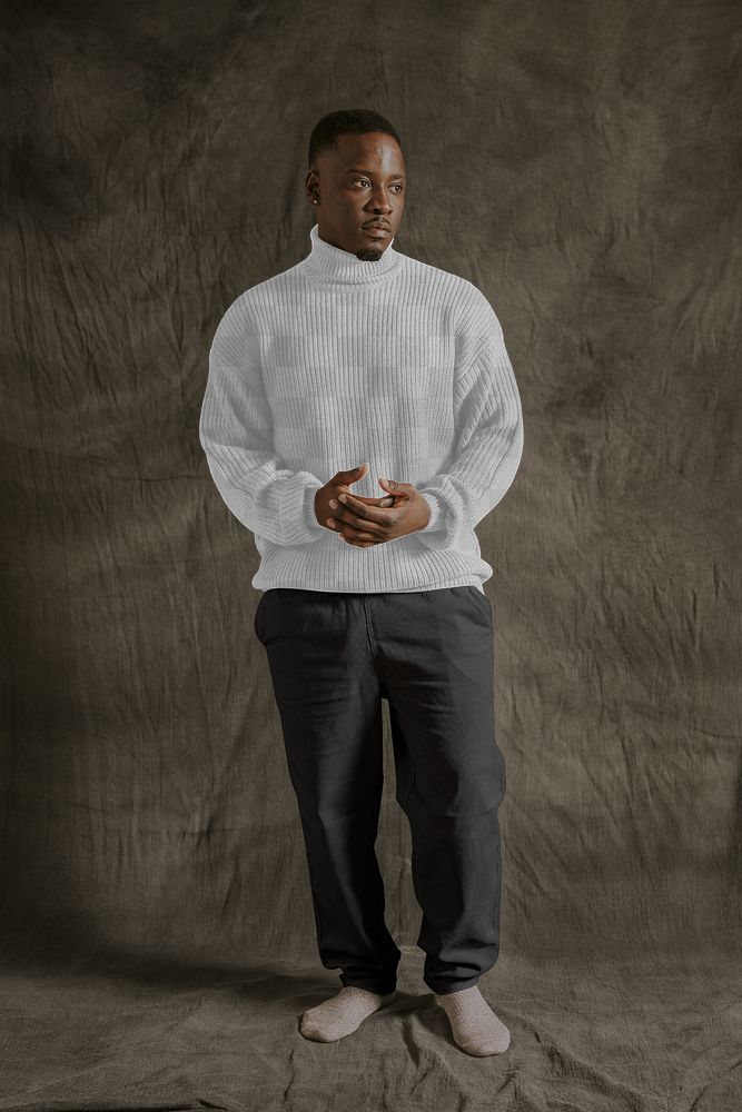 PNG turtleneck sweater mockup, full body, men's autumn apparel fashion design