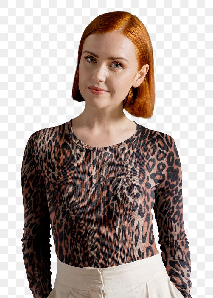 PNG woman wearing leopard print long sleeve