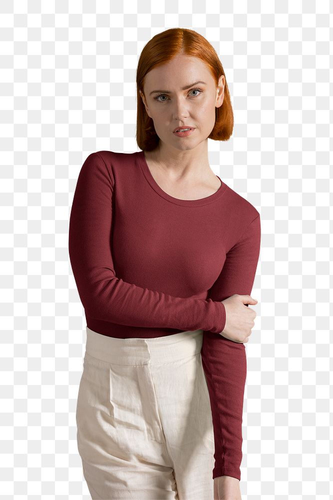 Woman png, wearing burgundy long sleeve, autumn apparel fashion design