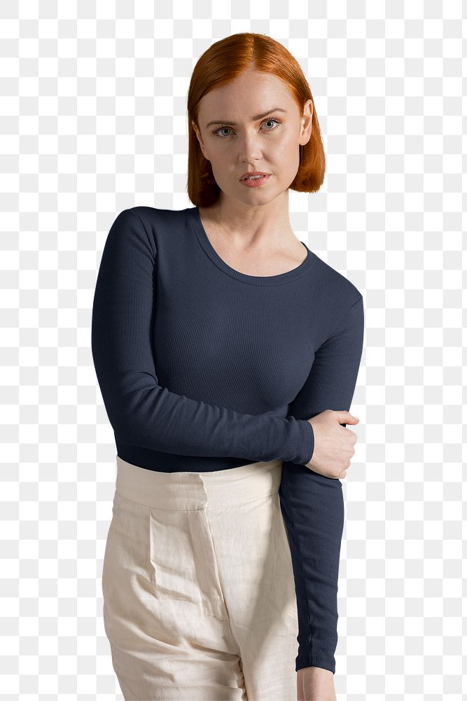 Woman png, in navy blue long sleeve, autumn apparel fashion design