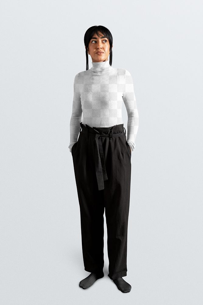 PNG turtleneck sweater mockup transparent, full body, women's autumn apparel fashion design