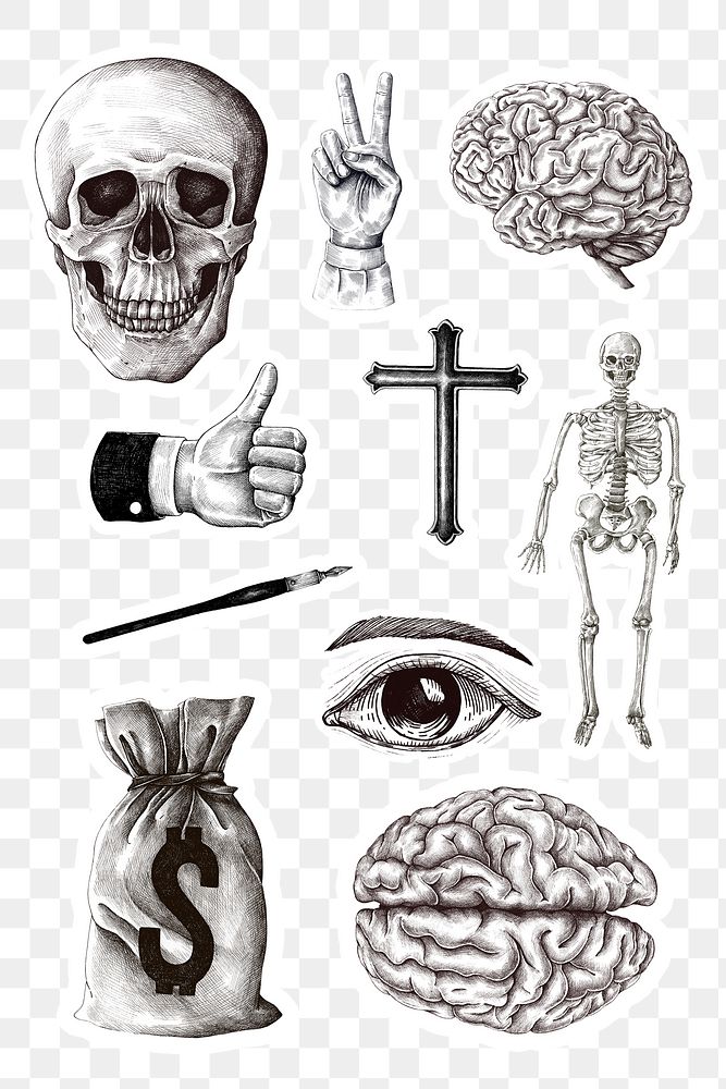 Hand drawn skull and cross sticker design element set