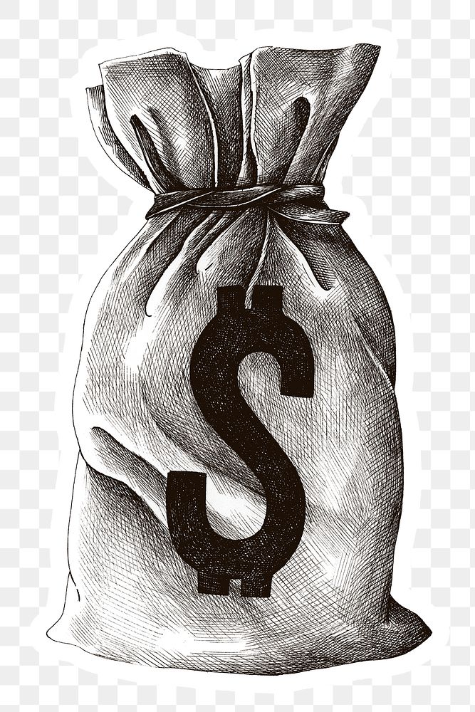 Hand drawn money sack sticker with a white border design element