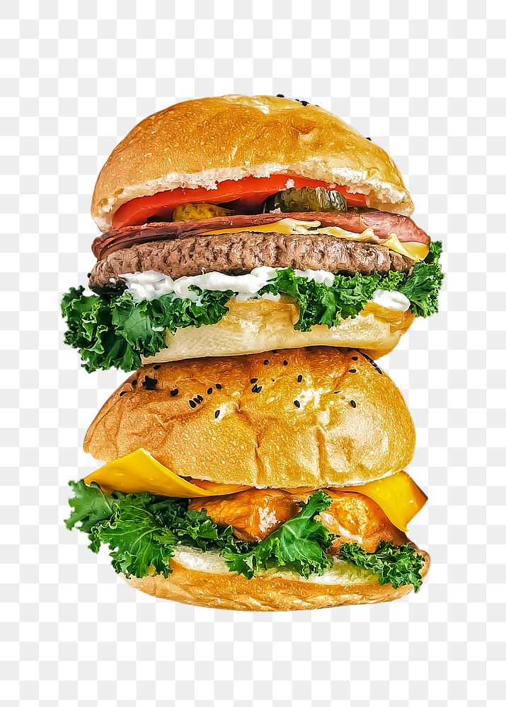 Png hamburger pile sticker, food photography, transparent background