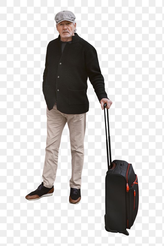 Senior tourist png with luggage, transparent background