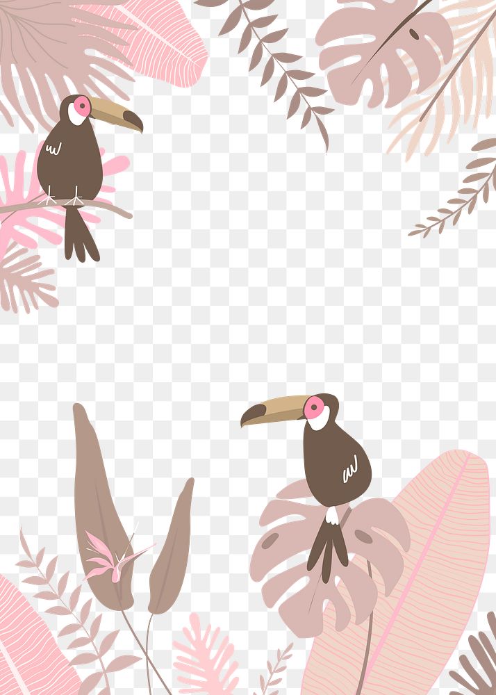 Pastel botanical png frame with tropical leaves and toucan birds, transparent background