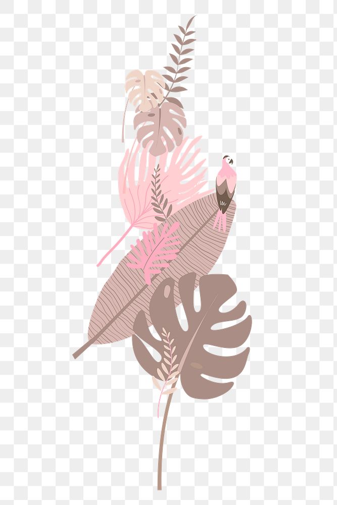 Pink parrot botanical png clip art, tropical leaves and bird graphic element on transparent background