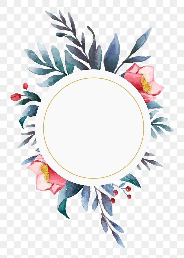 Blue  floral png frame, watercolor aesthetic on transparent background