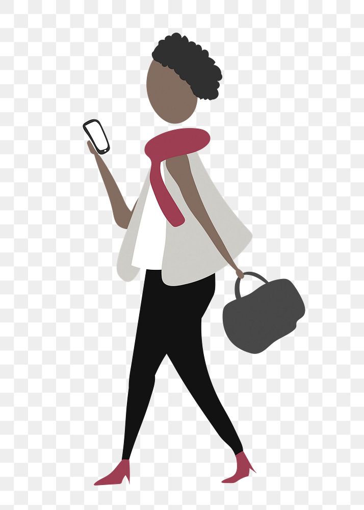 Woman using phone png clipart, walking, cartoon illustration