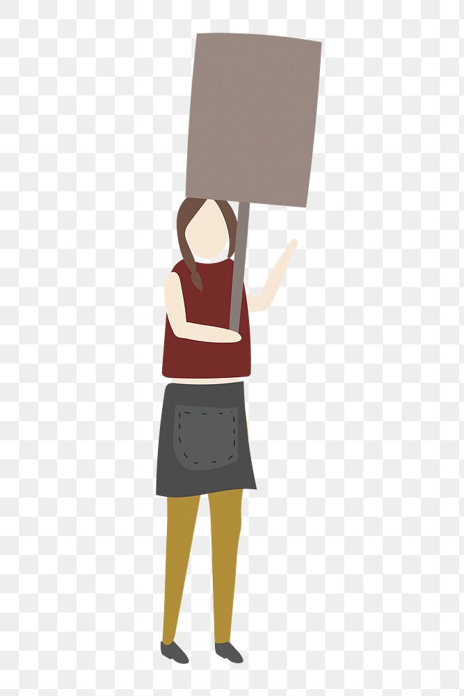 Woman png holding protest sign clipart, cartoon illustration