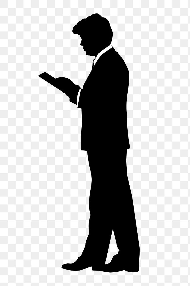 Businessman using tablet png silhouette clipart, black design
