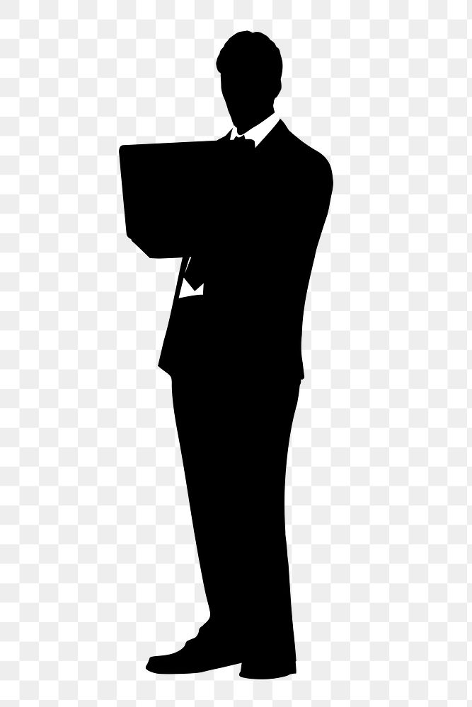 Businessman png silhouette, working on laptop