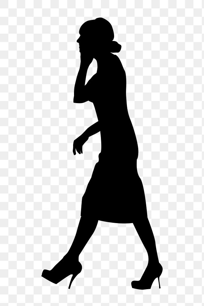 Businesswoman with phone png silhouette, walking gesture on transparent background