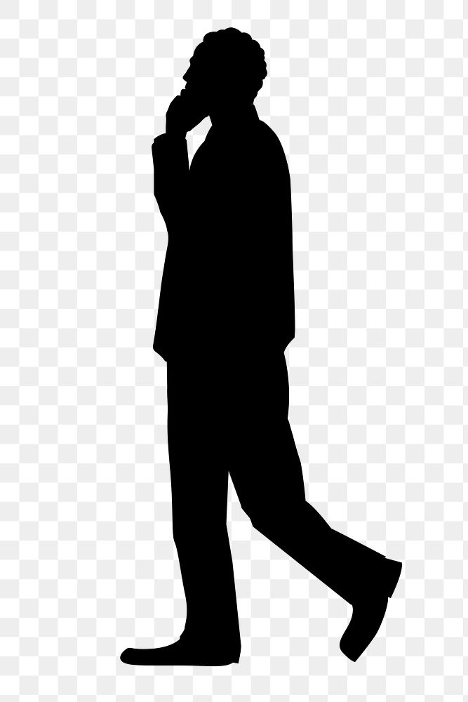 Businessman talking png on phone silhouette clipart, black design on transparent background