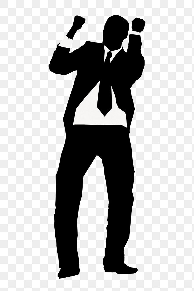 Happy businessman png silhouette, raising fists, success concept