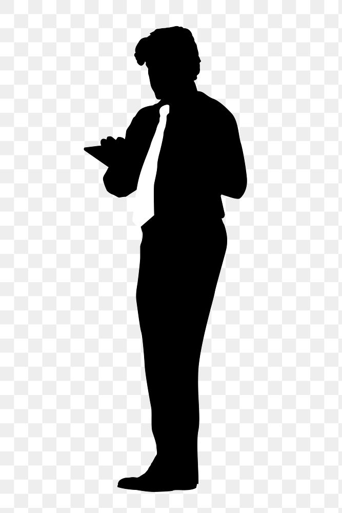 Businessman using tablet png silhouette clipart on transparent background