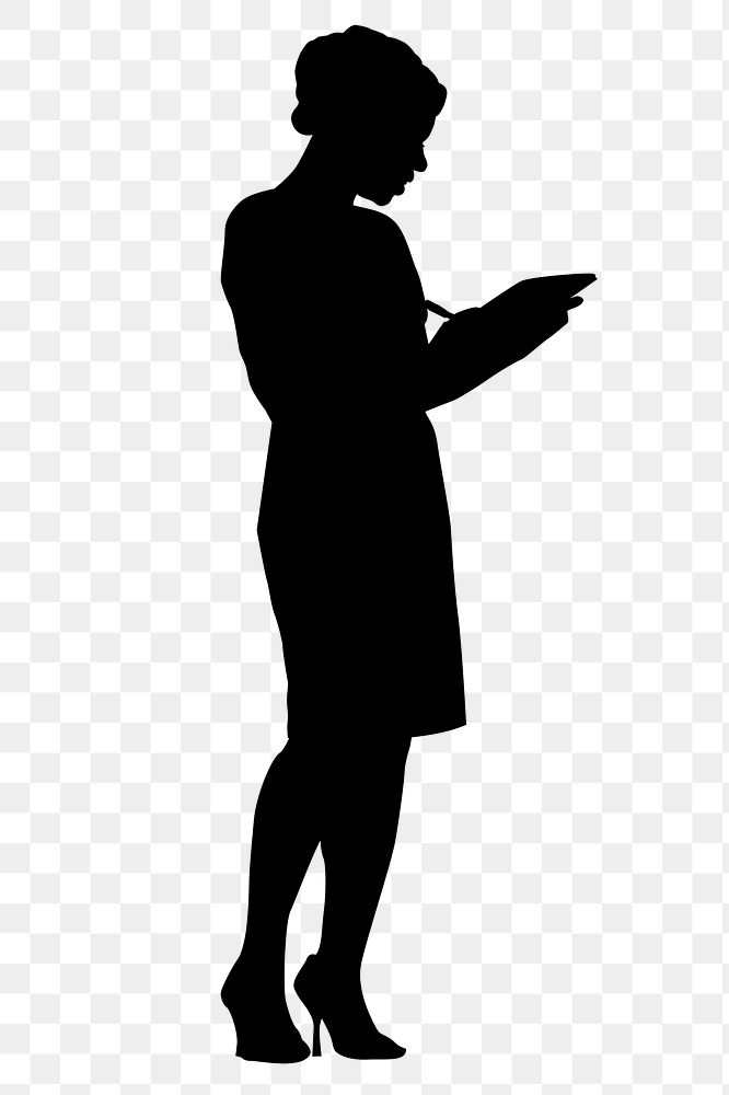 Businesswoman holding tablet png silhouette clipart on transparent background