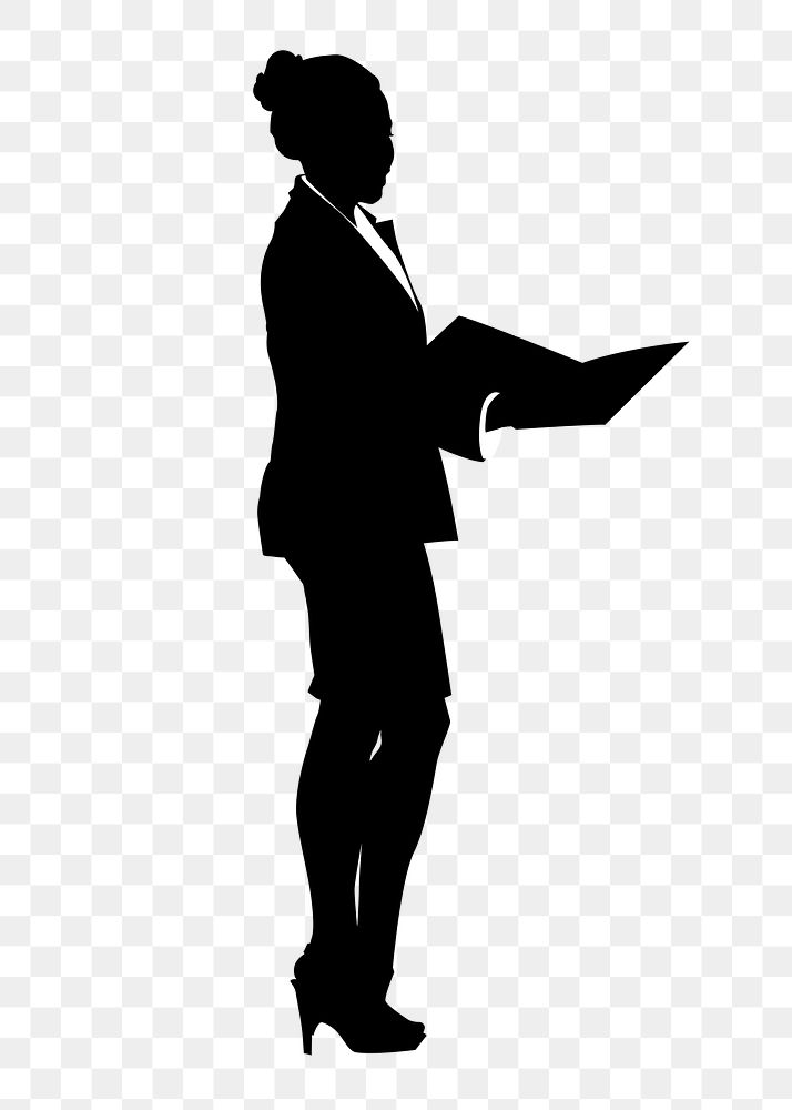 Businesswoman holding folder png silhouette clipart on transparent background