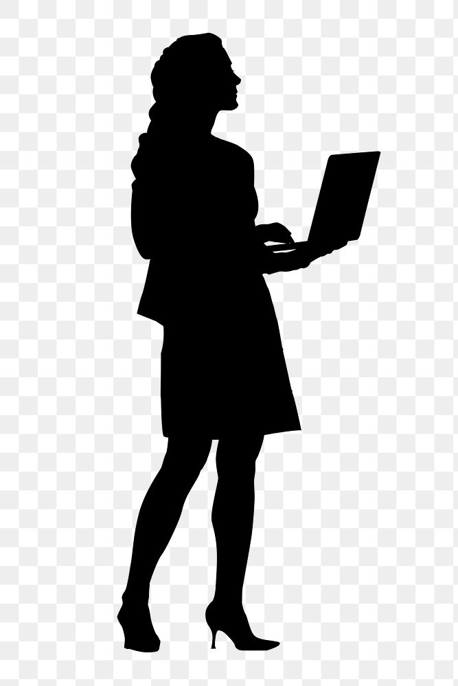 Businesswoman silhouette png, working on laptop