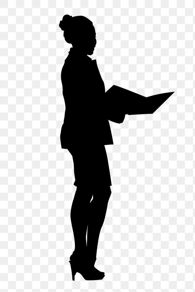 Businesswoman holding folder png silhouette clipart on transparent background