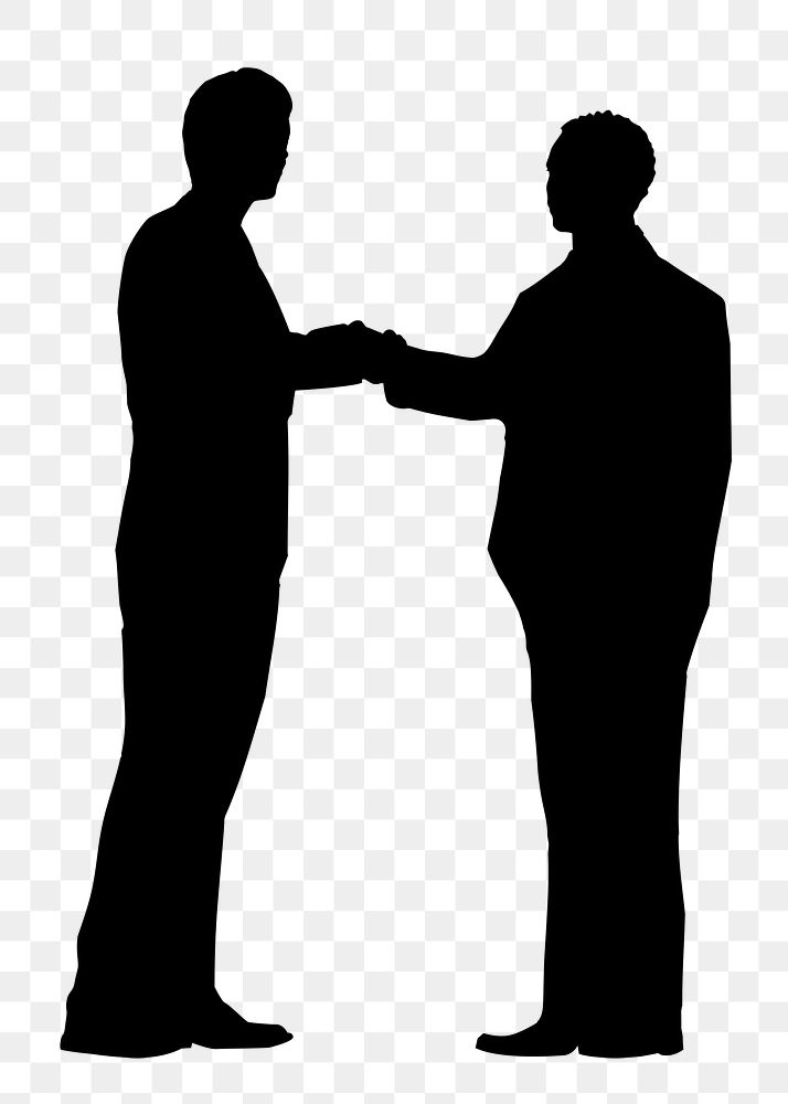 Business hand shake png silhouette sticker, two men in black on transparent background