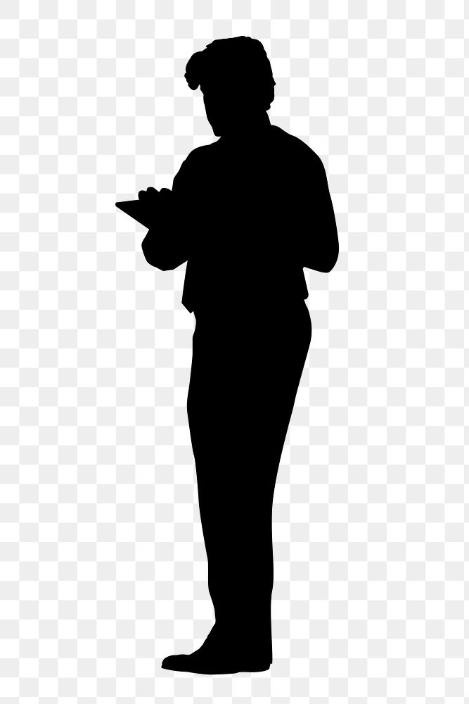 Businessman using tablet png silhouette clipart on transparent background
