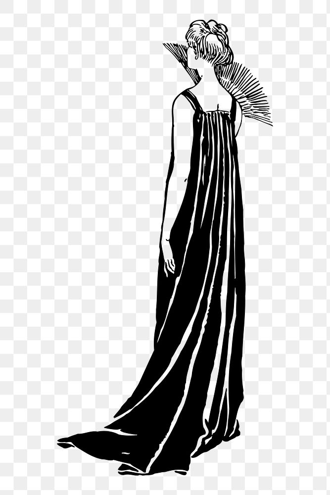 Png elegant woman in long dress, vintage drawing, transparent background. Free public domain CC0 image.