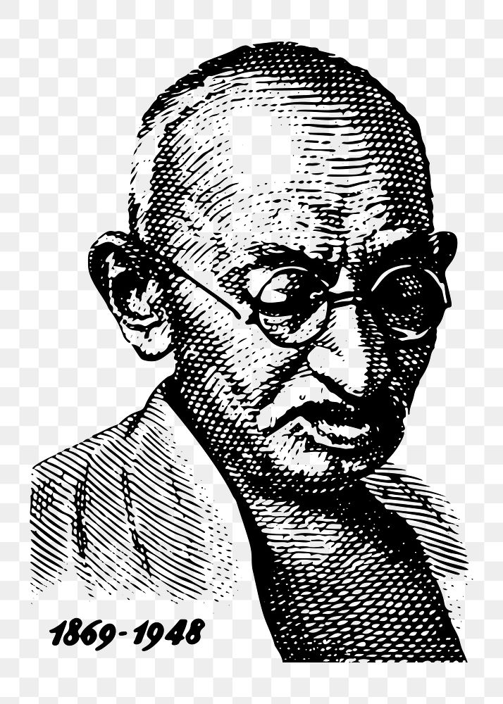 Mahatma Gandhi png portrait, famous lawyer, vintage illustration, transparent background. Free public domain CC0 image.