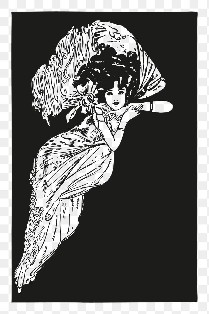 Vintage Gatsby png woman, greyscale illustration, transparent background. Free public domain CC0 image.