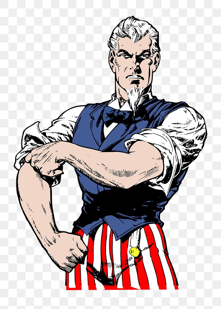 Uncle Sam png portrait, rolling up sleeve, transparent background. Free public domain CC0 image.