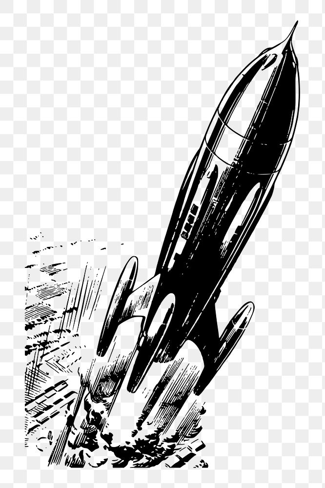 Launched spaceship png sticker, rocket hand drawn illustration, transparent background. Free public domain CC0 image.