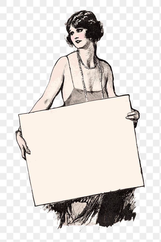 Png woman holding blank sign sticker, vintage illustration, transparent background. Free public domain CC0 image.