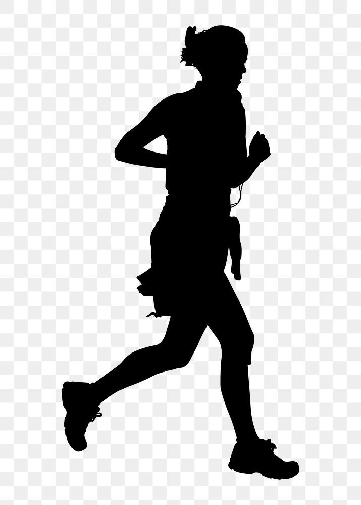 Woman jogging png silhouette clipart, transparent background. Free public domain CC0 image.