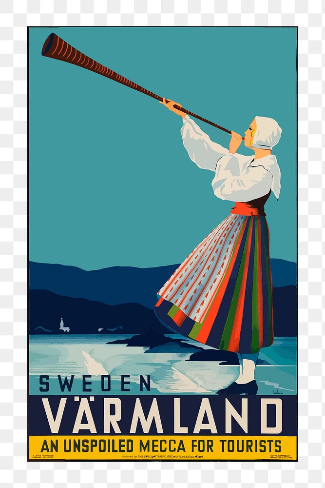 Png vintage Sweden travel poster illustration on transparent background. Free public domain CC0 image.