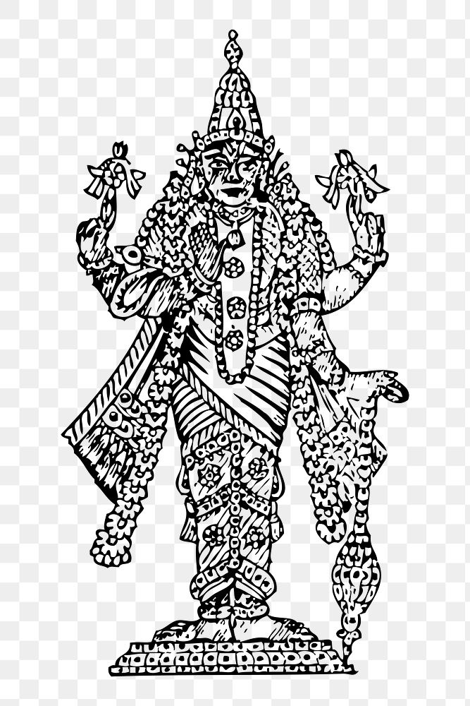 Vishnu png Hinduism statue, vintage religious illustration, transparent background. Free public domain CC0 image.