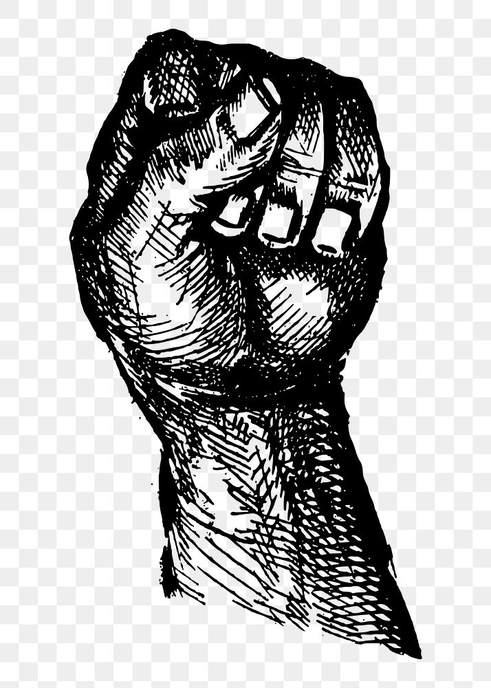 Raised fist png, victory symbol, vintage illustration, transparent background. Free public domain CC0 image.