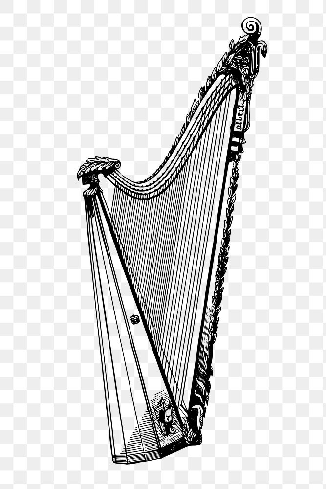 Vintage harp png sticker, musical instrument illustration on transparent background. Free public domain CC0 image.