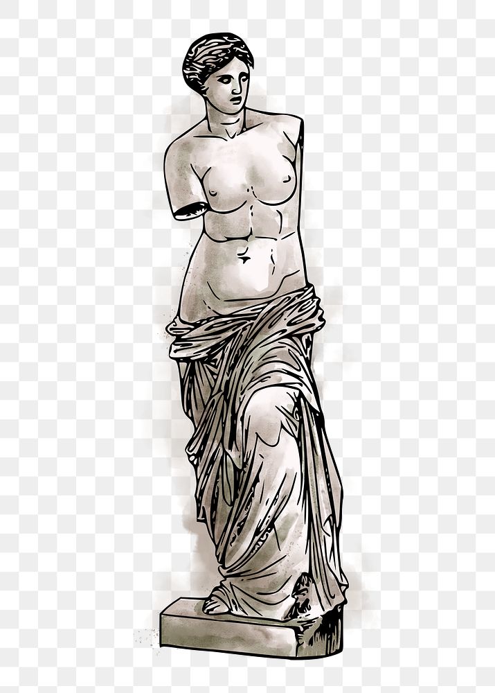 Png nude Greek goddess statue sticker, watercolor illustration, transparent background